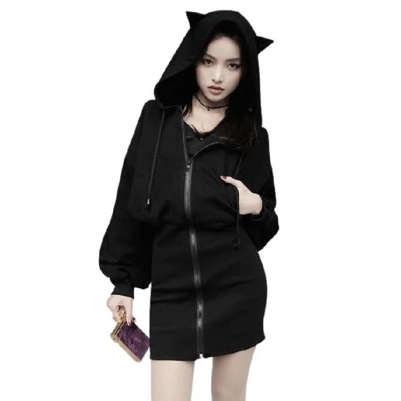 Gothic Cat Ears Zipped Women's Hoodie Long Sleeve Cute Women's Coat Fleece Punk Emo Hooded Rock Cyber Kitten Kawaii Harajuku Mall Goth Hoodie with Hem Detail Decorative Unique Gothic Cat Ears Zipped Women's Hoodie Long Sleeve Cute Women's Coat Fleece Punk Emo Hooded Rock Cyber Kitten Kawaii Harajuku Mall Goth Hoodie with Hem Detail Decorative Unique