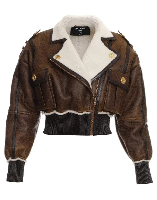 Leather Trim Shearling Jacket V-Neck Jacket Boat Neck Jacket Square Neck Jacket
