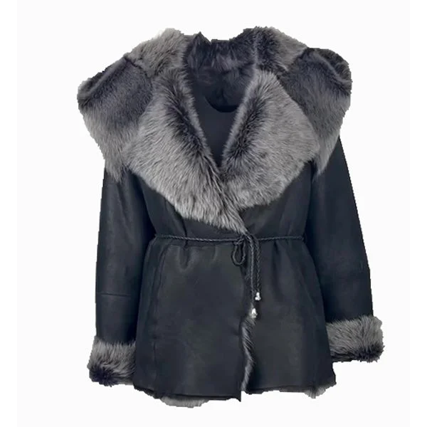 Michelle Toscana Shearling Jacket with Hood Notch Collar Peter Pan Collar Cowl Neck