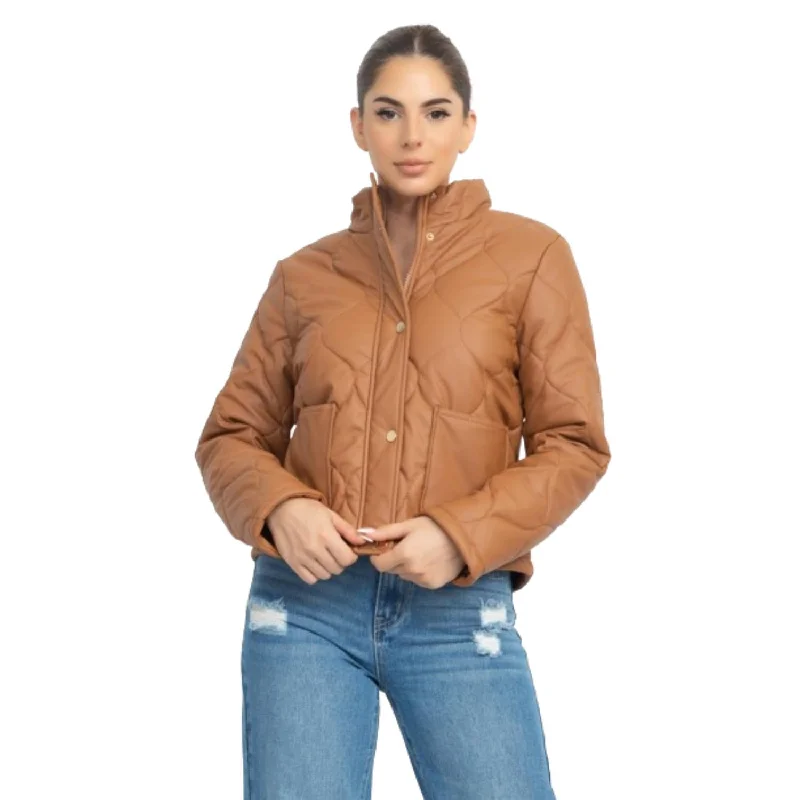 Mock Neck Quilted Jacket Zip Front Button Front Snap Front