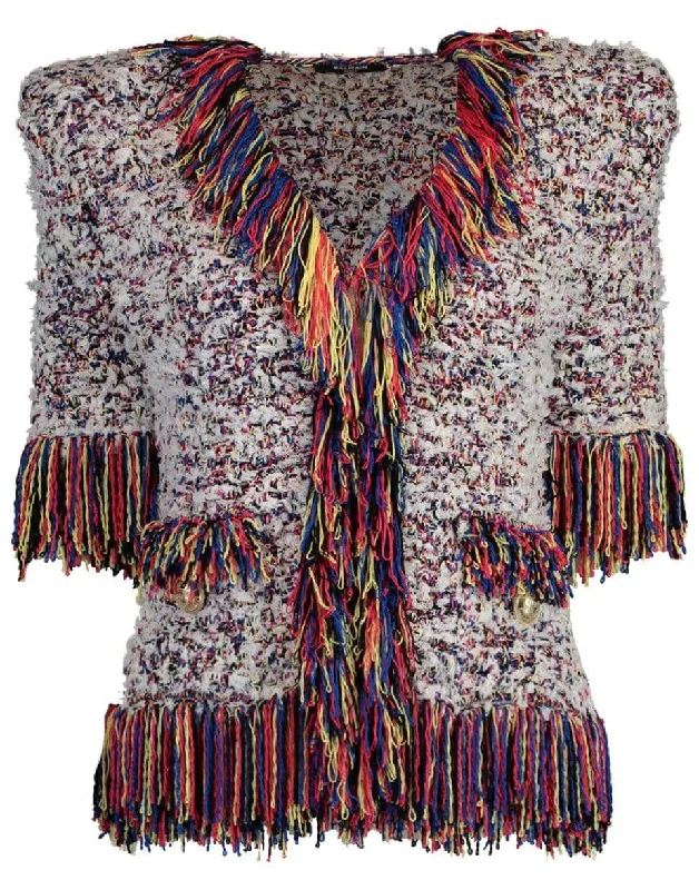 Mutli-Color Collarless Fringe Tweed Jacket Cardigan Sweater Pullover