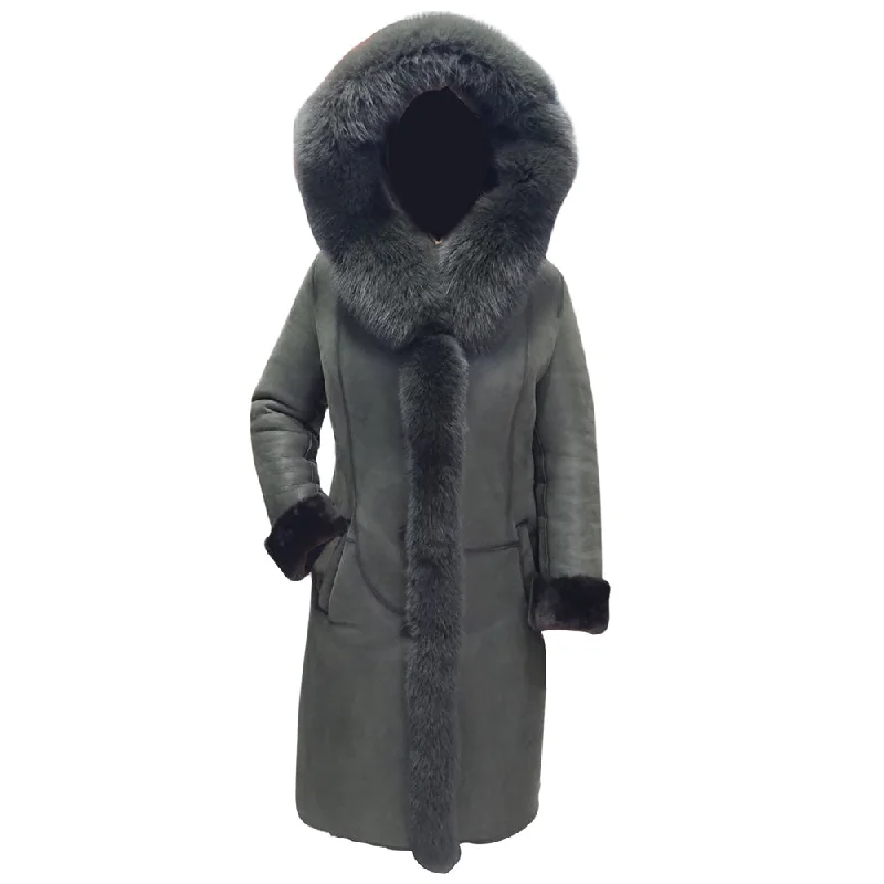 Pheobe's Grey Hooded Suede Shearling Jacket with fox fur Wool Fabric Cashmere Fabric Tweed Fabric