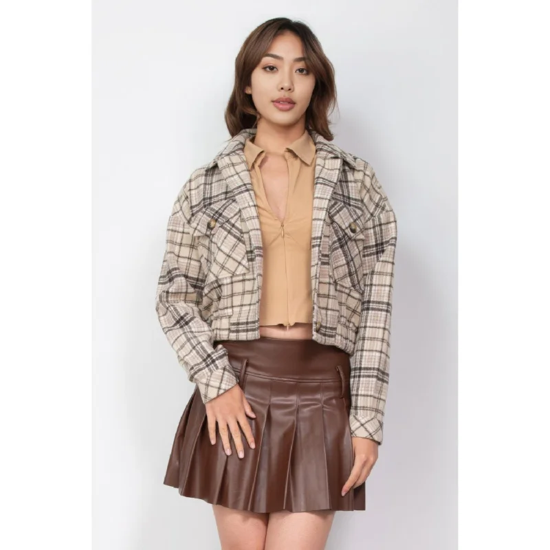 Plaid Button-down Crop Jacket Elasticated Jacket Padded Jacket Insulated Jacket