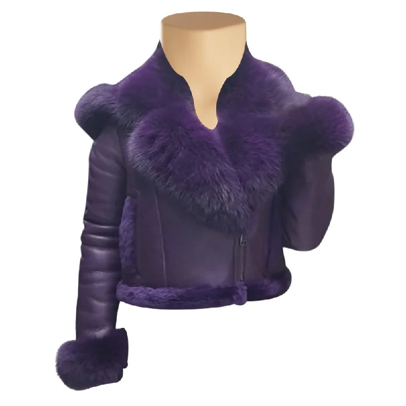 Sierra's Purple Sheepskin Shearling Crop Jakcet with hoodie and Fox Fur Hoodie with Back Slit Movement Comfort Sierra's Purple Sheepskin Shearling Crop Jakcet with hoodie and Fox Fur Hoodie with Back Slit Movement Comfort