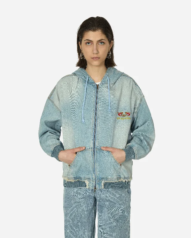 Moses Bomber Hoodie Vintage Blue Hoodie with Hem Raw Edge Edgy Unfinished