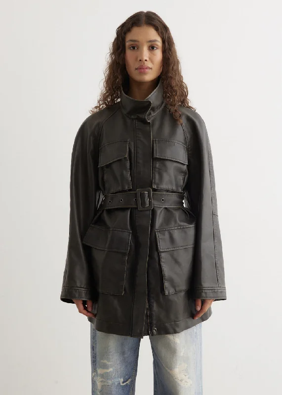 Washed Leather Safari Jacket Front Pockets Side Pockets Patch Pockets