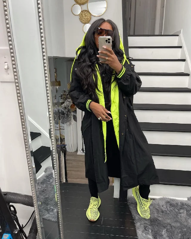 Winter New Design Patchwork Color Belt Waist Hoodie Windbreaker Long Jacket Hooded Trench Women's Coat Tiered Jacket Buttoned Jacket Zippered Jacket