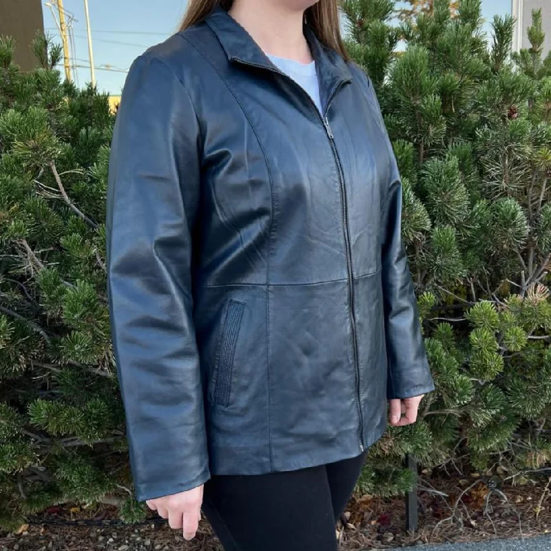 Women's Lamb Leather Jacket with Zipper and Dual Pockets Satin Jacket Silk Jacket Chiffon Jacket