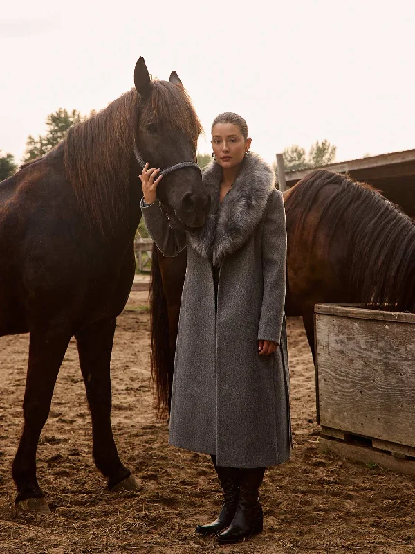 Long Wrap Coat With Faux Fur Collar Fleece Lined Windbreaker