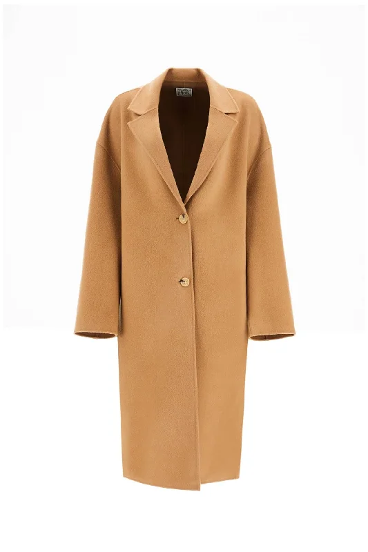 Wool Blend Cocoon Coat With  - Beige Minimalist Wool Duster