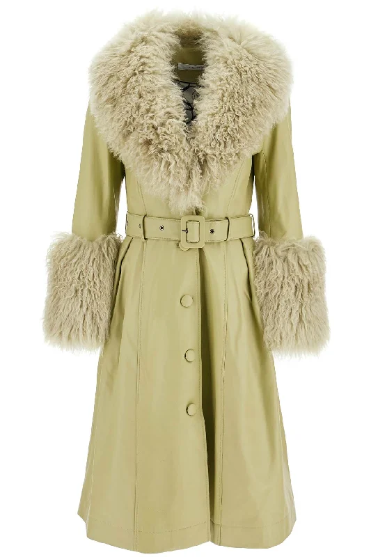 Foxy Leather And Shearling Long Coat  - Green Waterproof Rain Jacket