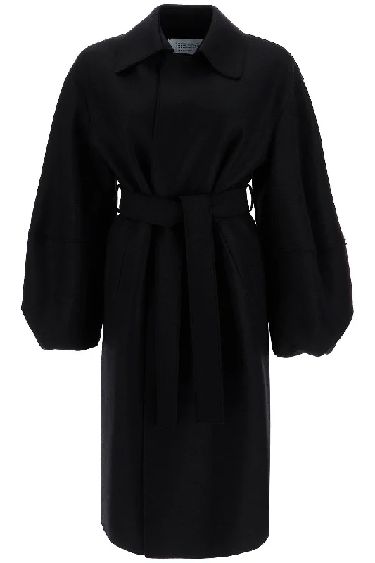 Pressed Wool Robe Coat With Nine Words  - Black Ruched Sleeve Blazer