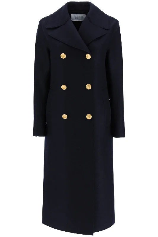 Double-breasted Coat In Pressed Wool  - Blue Belted Midi-Length Coat