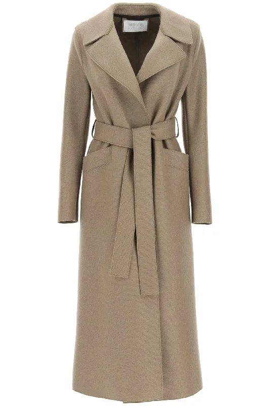 Long Pressed Wool Coat  - Brown Draped Collar Cardigan