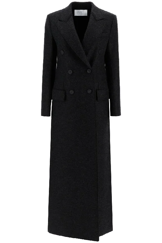 Double-breasted Pressed Wool Coat  - Grey Collared Pea Coat