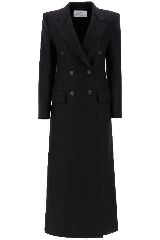 Double-breasted Pressed Wool Coat  - Black Drape Front Waterfall Coat