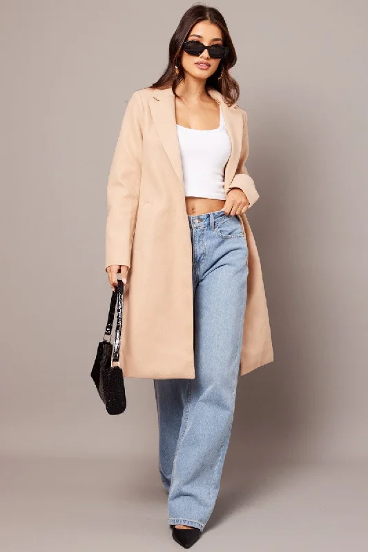 Beige One Button Coat Knee Length Elegant Wool Jacket