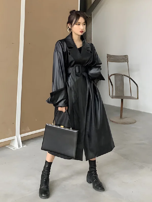 Belted Faux Leather Coat Lightweight Windbreaker