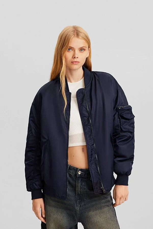 Bershka Women's Bomber model nylon blend puffer Coat Checkered Wool Shacket