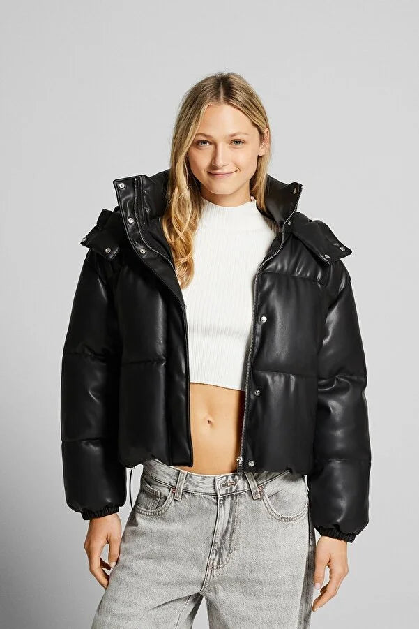 Bershka Women's Faux Leather Hooded Puffer Coat Hooded Puffer Anorak