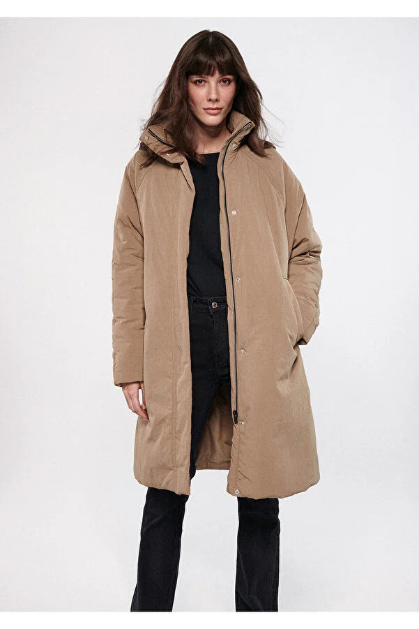 Blue Women's Stand Collar Brown Coats Luxe Satin Long Coat