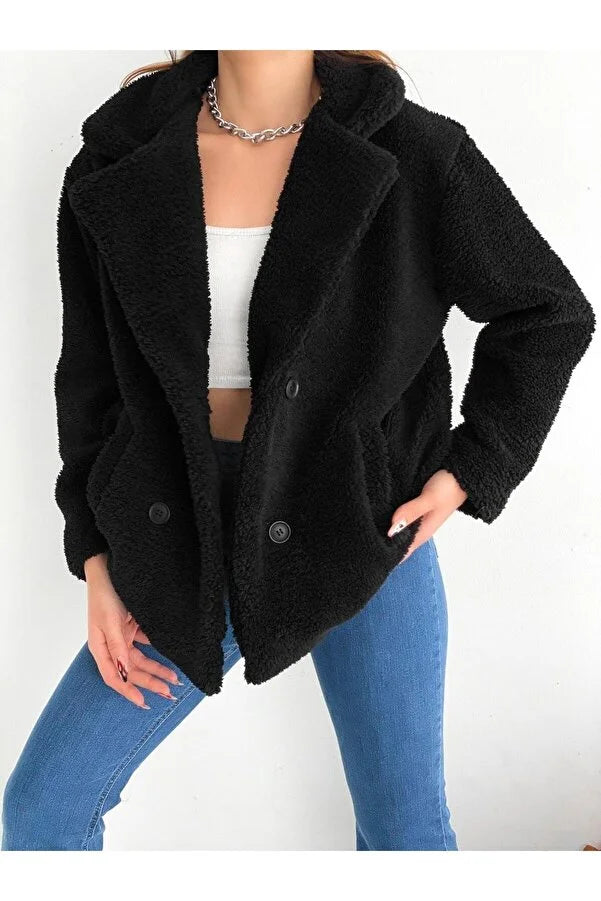 By Gecce Women's Black Four Button Plush Coat Functional Travel Jacket