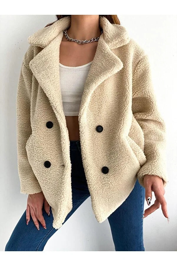 By Gecce Women's Four Button Plush Coat A-Line Swing Coat