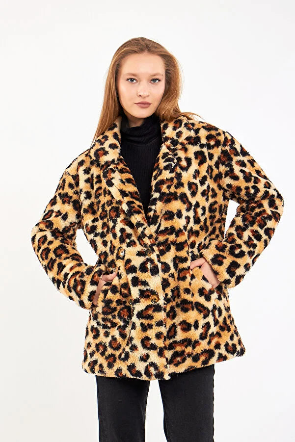 By Gecce Womn's Four Button Plush Lined Leopard Patterned Coat Polished Tailored Coat