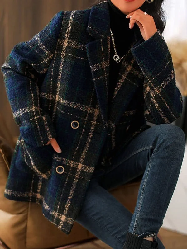 Checkered Pattern Wool Coat Quilted Puffer Jacket