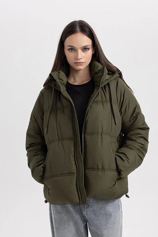 Defacto Women's Waterproof Hooded Faux Fur Puffer Coats Structured Wool Blazer