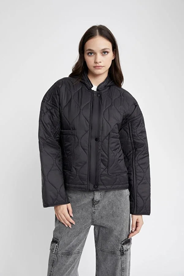 Defacto Women's Waterproof Relax Fit Quilted Hooded Coats Bold Color Block Coat