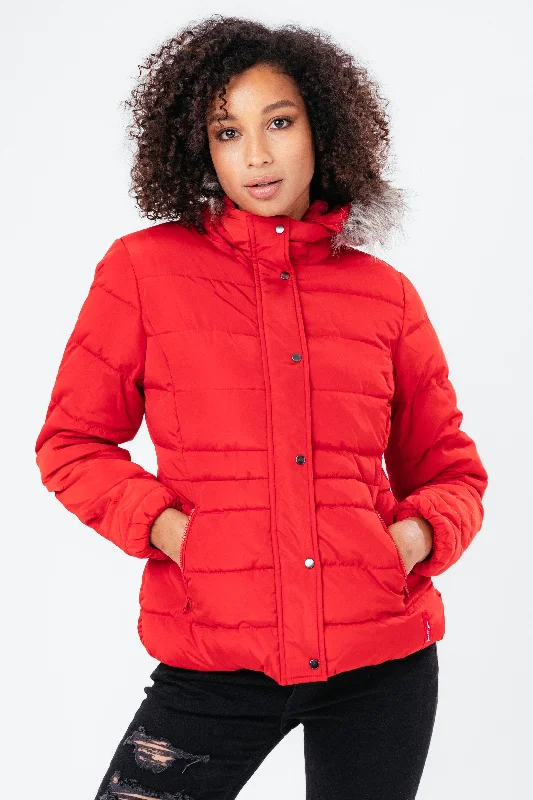 HYPE RED SHORT LENGTH WOMEN'S PADDED COAT WITH FUR Cozy Fleece Hoodie