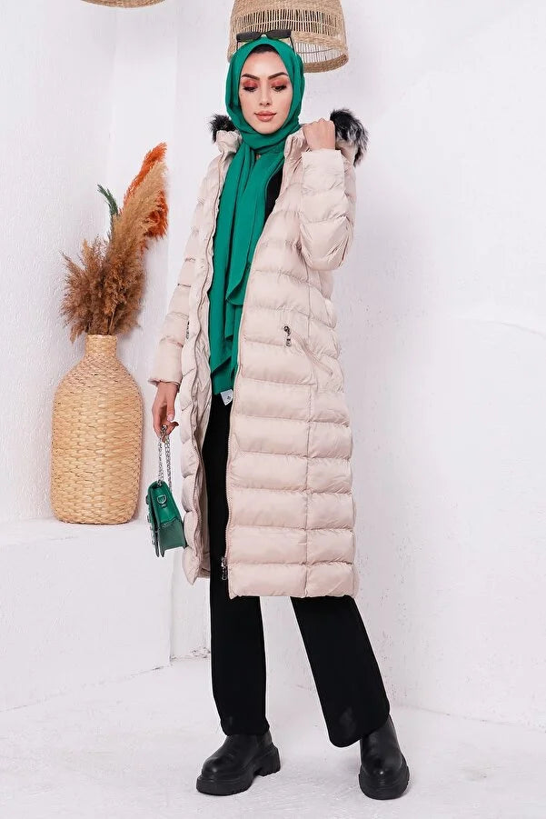 Imajbutik Women's Beige Modest Hooded Zippered Hijab Puffer Coat Chic Oversized Blazer
