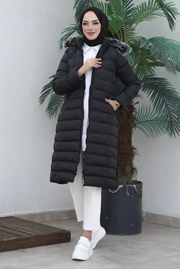 Imajbutik Women's Black Modest Hooded Zippered Hijab Puffer Coat Warm Hooded Poncho