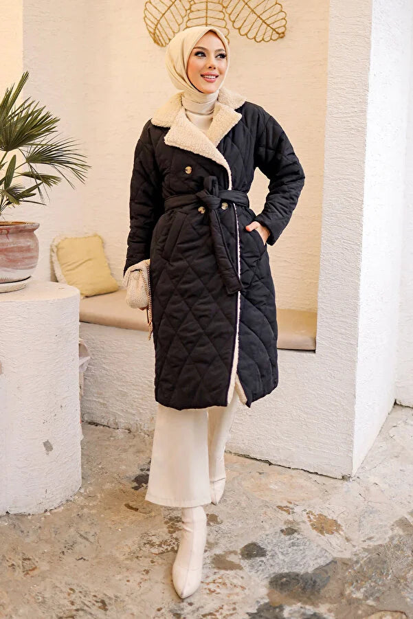 Imajbutik Black Fur Quilted Coat Luxury Cashmere Wrap