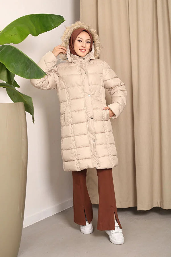 Imajbutik Womem's Beige Hooded Puffer Coat Puff Shoulder Coat