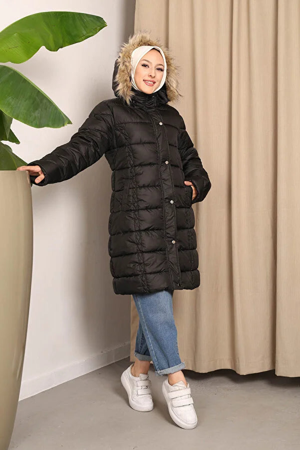 Imajbutik Womem's Brown Hooded Puffer Coat Knit Longline Duster