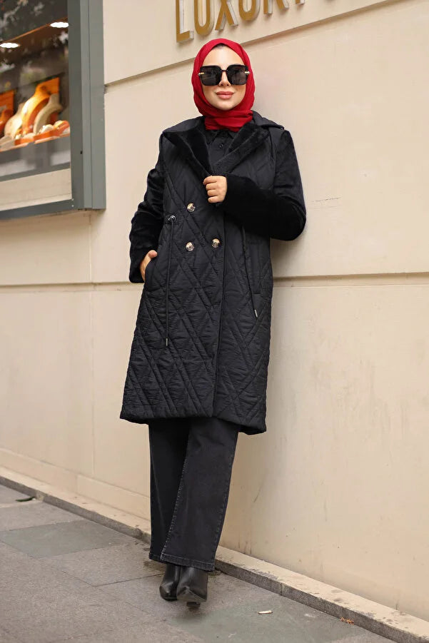Imajbutik Women's Black Double Breasted Collar Quilted Coat Cropped Fleece Jacket