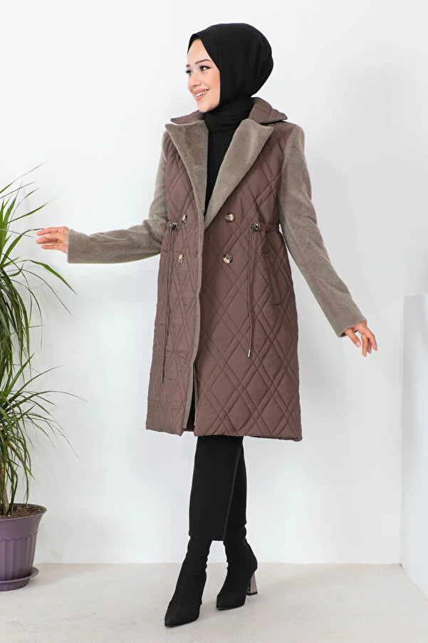 Imajbutik Women's Brown Double Breasted Collar Quilted Coat Plush Faux Fur Bolero
