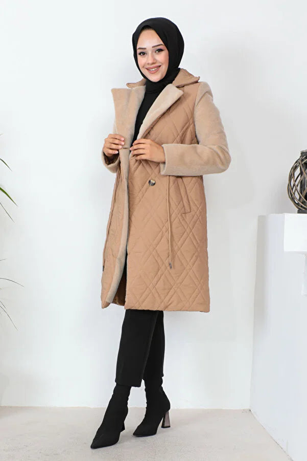 Imajbutik Women's Camel Double Breasted Collar Quilted Coat Long Hooded Anorak