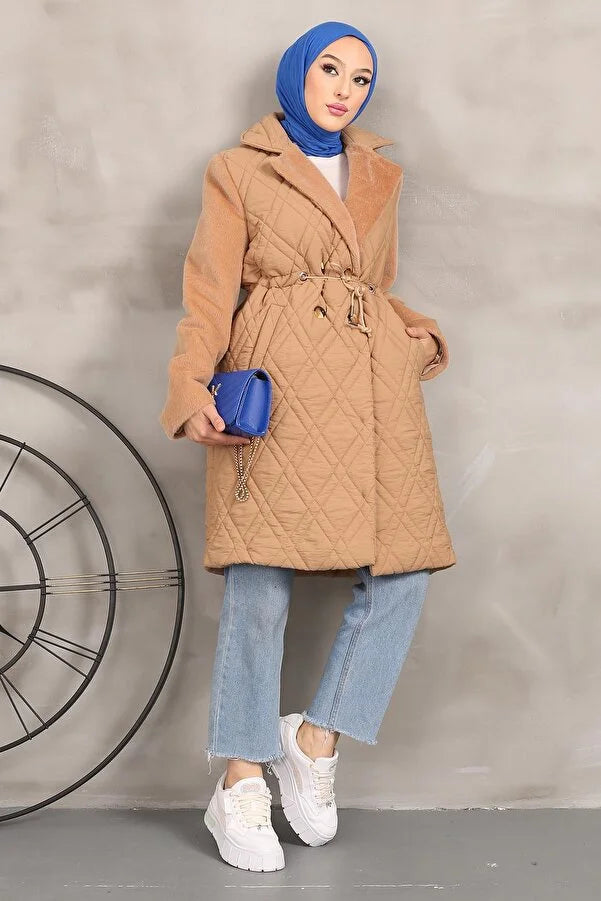 Imajbutik Women's Dark Camel Double Breasted Collar Quilted Coat Boho Fringe Cardigan