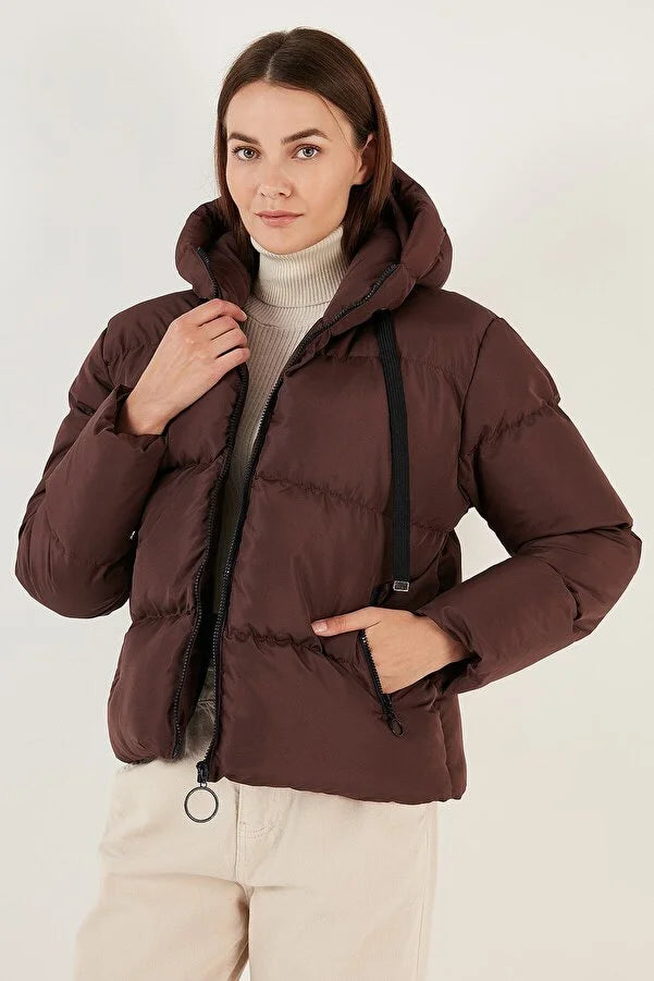 Lela Women's Black Hooded Zippered Puffer Coat Thick Layered Jacket
