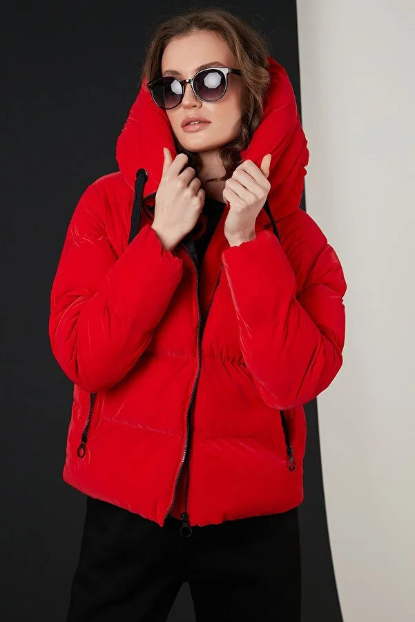 Lela Women's Hooded Zippered Puffer Coat Vegan Leather Trench