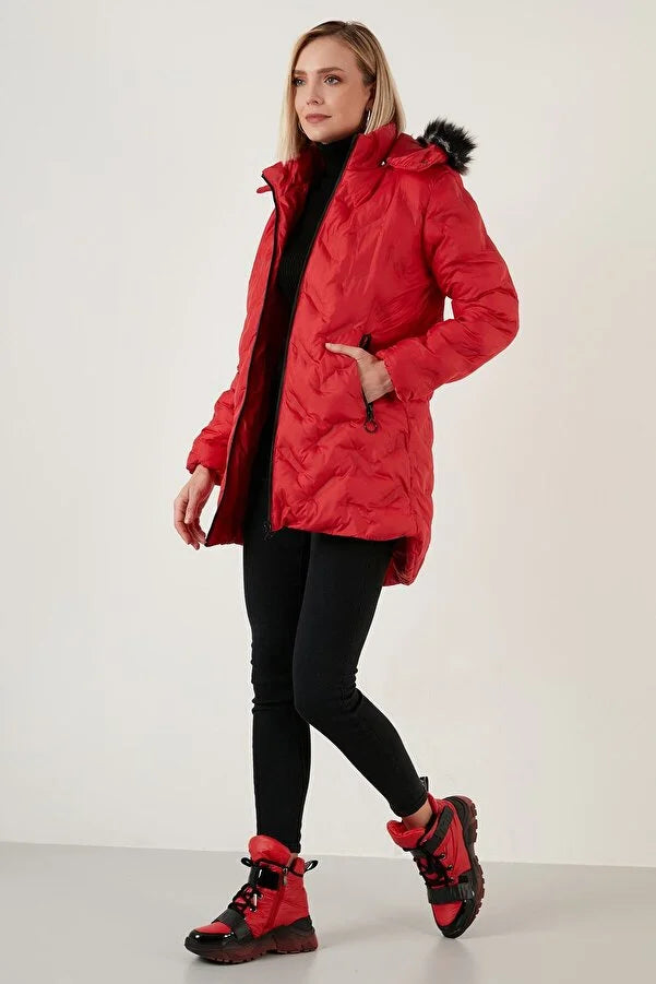 Lela Women's Slim Fit Faux Fur Collar Removable Hooded Long Coat Soft Thermal Overcoat