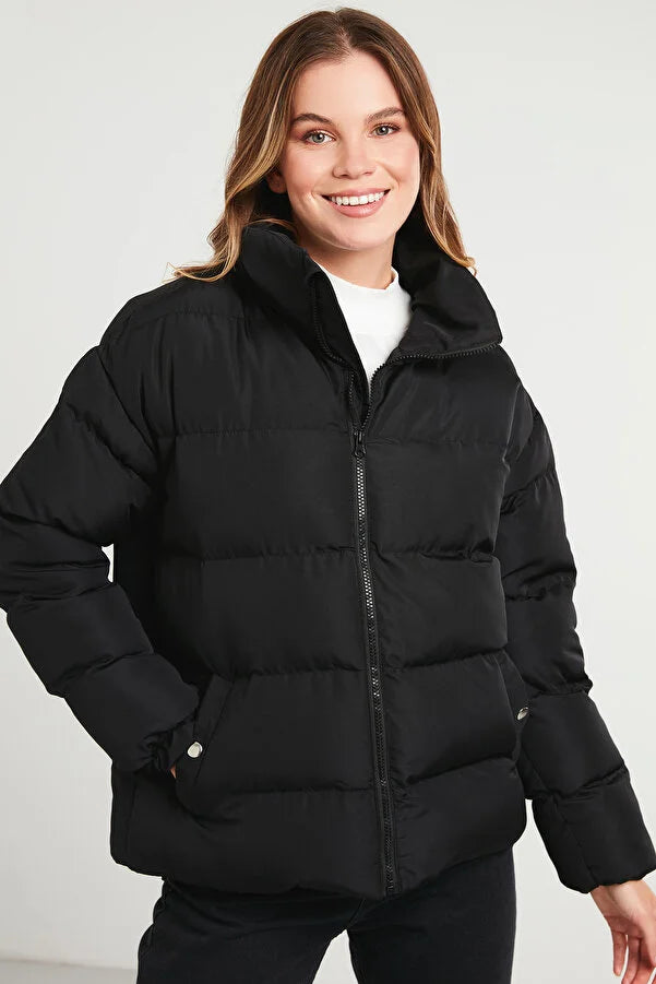 Lela Women's Stand Collar Puffed Short Coat Draped Longline Jacket