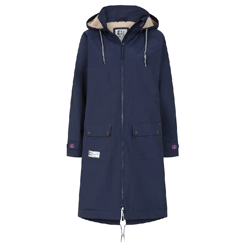 LJ159 - Ladies Long Snug Lined Coat - Marine Drape Front Waterfall Coat