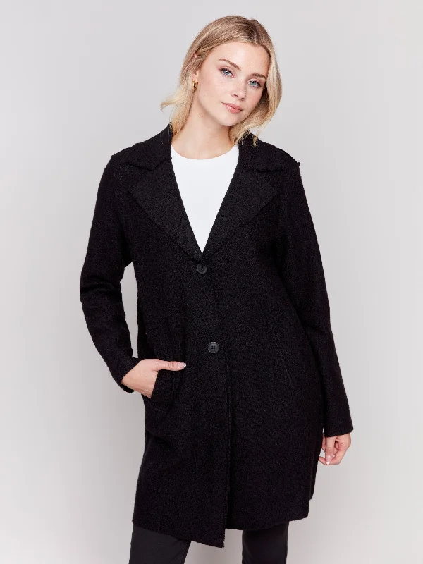 Long Boiled Wool Coat - Black Suede Fringe Jacket