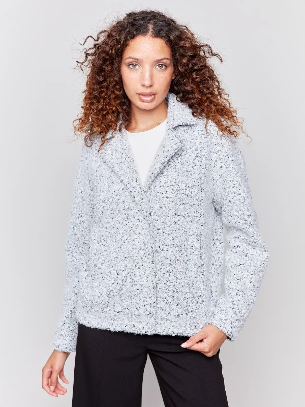 Bouclé Knit Short Coat - Charcoal Draped Longline Jacket