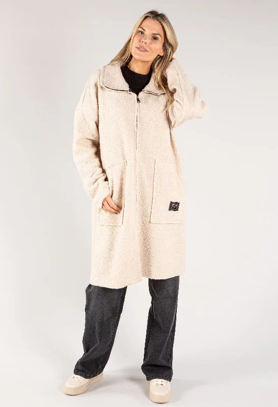 Soft Boucle Zip Up Coatigan Drape Front Waterfall Coat