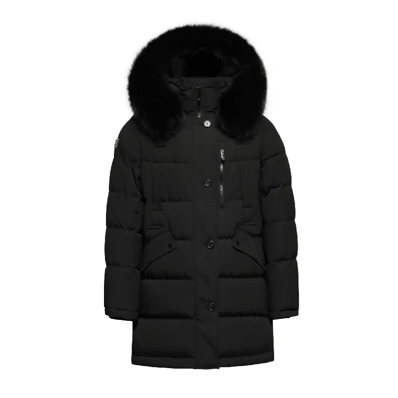 Women's  Nordic Queen Parka Coat - (Black Fox Trim) Checkered Wool Shacket